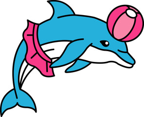 Obraz premium isolate illustration of Dolphin in a pink skirt playing beach ball