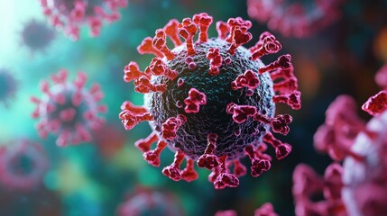 Close-up view of a virus structure showcasing spikes and surface details illuminated in vibrant colors against a blurred background