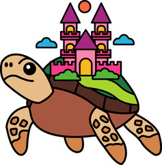 isolate illustration of Pink castle on a sea turtle back