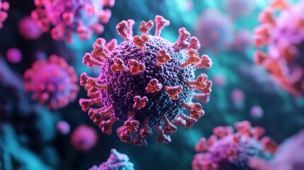 Close-up of a virus shown in vibrant colors highlighting its structure and unique features in a simulated scientific environment