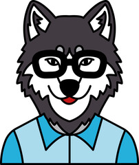 isolate illustration of Wolf wearing glasses and a blue shirt