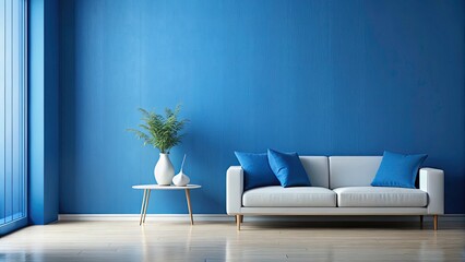 Minimalist Blue Living Room, Modern Sofa, White Vase, Interior Design, Home Decor, Blue Room Decor, Modern Furniture, Simple Room