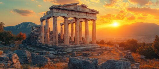 Obraz premium Ancient temple at sunset, historical landmark, Greece