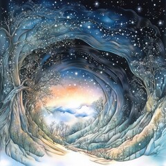 Enchanting Winter Wonderland Starry Night Cave Landscape