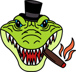 isolate illustration of Crocodile wearing a top hat and smoking a cigar