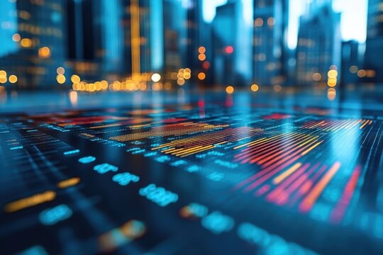 Vibrant financial data visualization illuminated by city lights at dusk in an urban environment