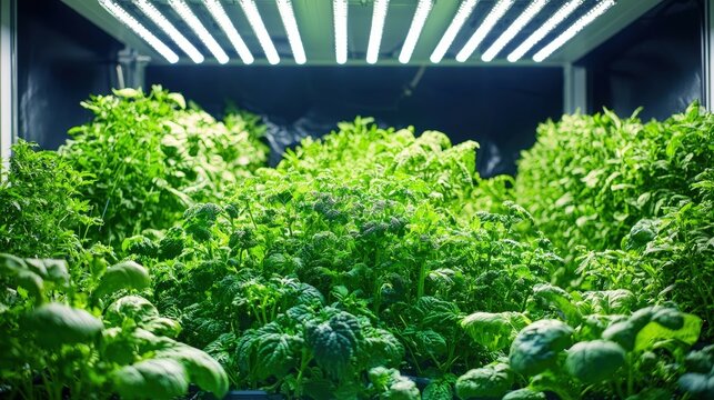 A vibrant vertical farming setup showcasing an array of lush green plants illuminated by bright LED grow lights, set against a dark backdrop. The vertical towers are neatly arranged, creating a