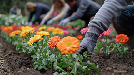 Fototapeta premium a community garden with people planting flowers together.