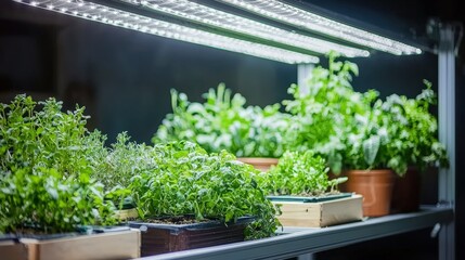An elegantly arranged vertical farming installation with an assortment of herbs and vegetables flourishing under concentrated LED grow lights. The contrast with the dark surroundings creates a