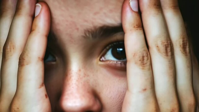 A person peeking fearfully through fingers during a tense moment