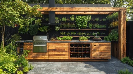 Explore a luxurious minimalist outdoor kitchen crafted from natural wood and stone, surrounded by lush greenery and a thriving herb wall, perfect for eco-friendly living
