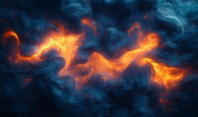 Fototapeta premium An abstract depiction of fiery orange energy flowing through dark blue and gray nebulous clouds