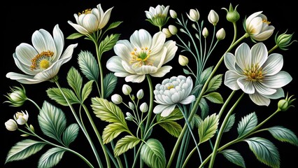 Obraz premium Dark Background Floral Art: Hand-Drawn White Flowers, Botanical Illustration, Elegant Nature Photography, Fine Art Print, White Flower Stems, Leaves, Dark Floral Design