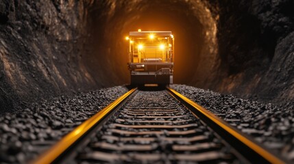 Powerful underground continuous miner illuminating the tunnel with its bright lights in operation