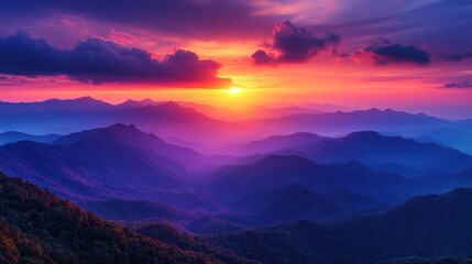 Fototapeta premium Mountain Sunset View, Dramatic Colors, Misty Hills, Scenic Landscape