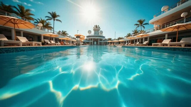 Resort pool with clear water under bright sunlight, tropical atmosphere, inviting view
