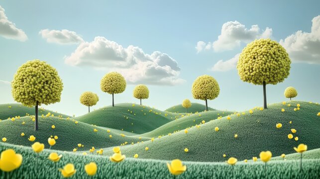 Minimalist dreamlike landscape featuring rolling hills and a clear blue sky