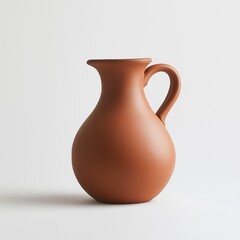 Minimal clay jug with handle in terracotta tone on white background, side view