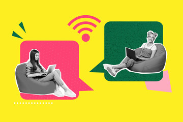 Collage design composite trend artwork sketch of young lady sit beanbag together coworking hold laptop text mind bubble speech sms message