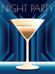 Glass of wine on the table. Concept of invitation to a night party in the Art Deco retro style. Can be used to create banners, menus, invitation cards, etc.