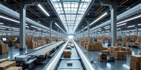 Fototapeta premium High-Efficiency Automated Fulfillment Center A panoramic view of a sprawling fulfillment center showcasing synchronized robotic systems, automated conveyor belts