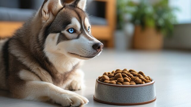 Siberian husky with blue eyes resting by bowl of dog food indoors