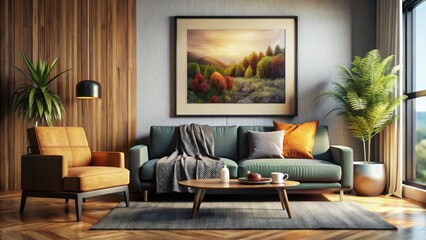 Fototapeta premium Modern Minimalist Living Room 3D Mockup, Black Frame, Macro Photography, Interior Design, Home Decor