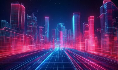 A futuristic cityscape with glowing buildings and roads in neon pink and blue against a dark background