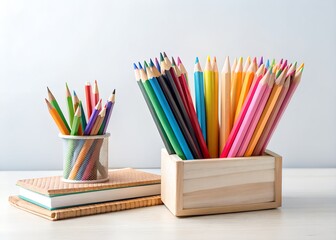 Fototapeta premium Colored Pencils Wooden Holder Bright Minimalist Photography Horizontal Still Life Creativity White Background Pastel School Supplies