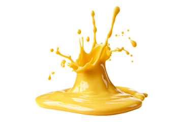yellow drop and splash of cheese sauce or must isolated on white or transparent background.