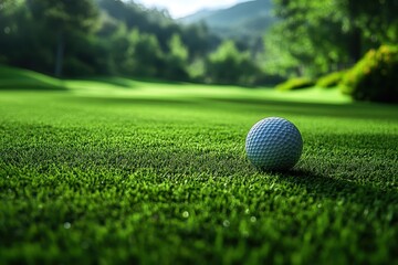 Obraz premium A close-up of a golf ball resting on lush green grass in a serene afternoon setting