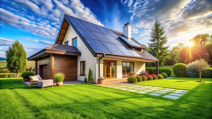 Sustainable Home Solar Power: Green Energy, Eco-Friendly House, Small Solar Panels, Modern Architecture