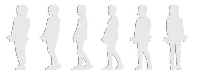 Vector concept conceptual gray paper cut silhouette of a girl holding a skateboard in hands  from different perspectives isolated on white background. A metaphor for fun, playing and childhood