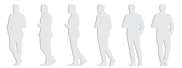 Vector concept conceptual gray paper cut silhouette of a man in an elegant costume from different perspectives isolated on white background. A metaphor for fashion, entertainment and lifestyle