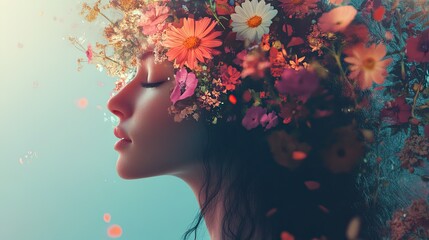 Generative Ai of a woman with flowers in her hair. Mindfulness and mental health