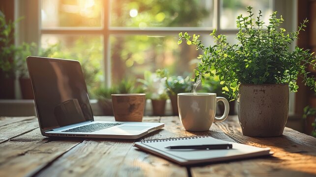 Cozy and Comfortable Home Office Workspace with Laptop Potted Plants and Natural Lighting Streaming Through Window