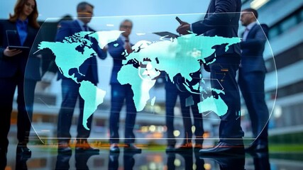 Global Business Networking: A group of professionals, engaged in discussions with a digital world map overlay, standing against a blurred urban backdrop. - Powered by Adobe