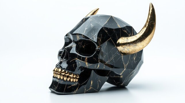 Exploring the dark elegance of an abstract polygon black diamond skull featuring gold marmor lines and unique reverse horns captured against a stark white backdrop
