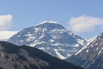 Fototapeta premium Snow-covered mountain peak with forested ridges beneath in Banff National Park, Canada, captured on a clear spring day