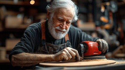 Obraz premium Concentrated and experienced elderly male carpenter diligently working on a woodworking project at his well equipped workshop