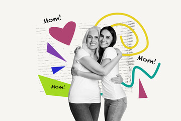 Composite sketch design artwork 3D photo collage of aged woman grandmother hugs daughter lady mother day holiday bonding joy happiness