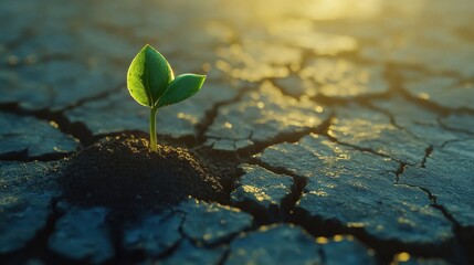 Emerging life from cracked earth symbolizes hope and resilience in a challenging environment