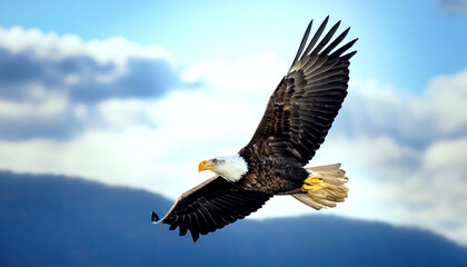 Obraz premium Powerful bird of prey in flight, wings spread wide, Majestic bald eagle soaring through the sky, Perfect for wildlife, a bald eagle against a blue sky with white clouds