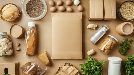 Sustainable packaging layout showcases eco-friendly materials on a kraft paper backdrop, emphasizing zero waste and recycling principles in a contemporary context
