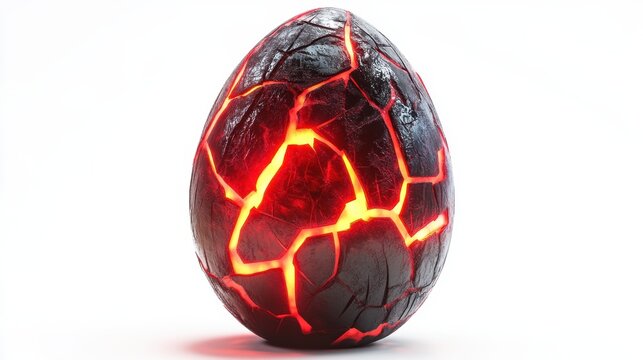 Ultra-realistic dragon egg showcasing deep red hues and glowing cracks with intricate textures and stunning lighting against a pristine white backdrop