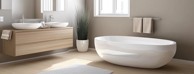 This modern minimalist bathroom showcases a white sink, beige walls, and wood accents, perfectly illuminated by soft daylight