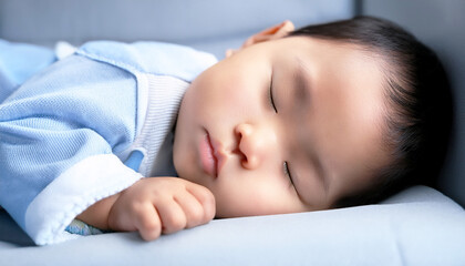 Peaceful newborn baby sleeping on a soft bed. The infant is dressed in a white outfit, resting with a relaxed expression, baby sleeping, warmth, innocence, and tranquility
