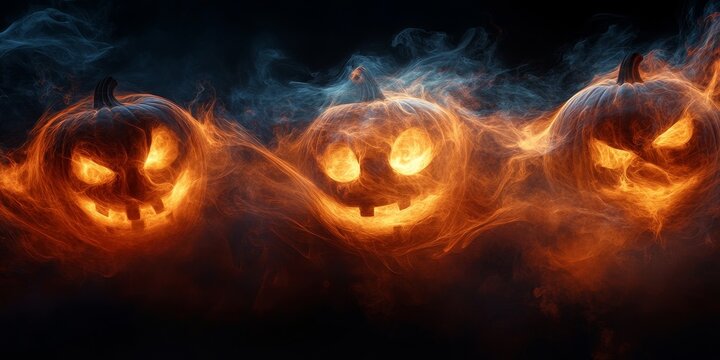 Three glowing jack o lanterns surrounded by orange and blue smoke against a dark background