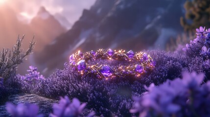 A decorative jeweled wreath rests atop a field of lavender flowers