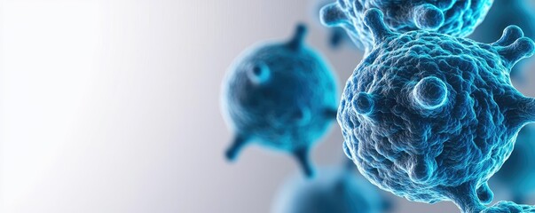Blue exosome particles in scientific cosmetology concept. Detailed close-up of cells under a microscope in vibrant blue hues.